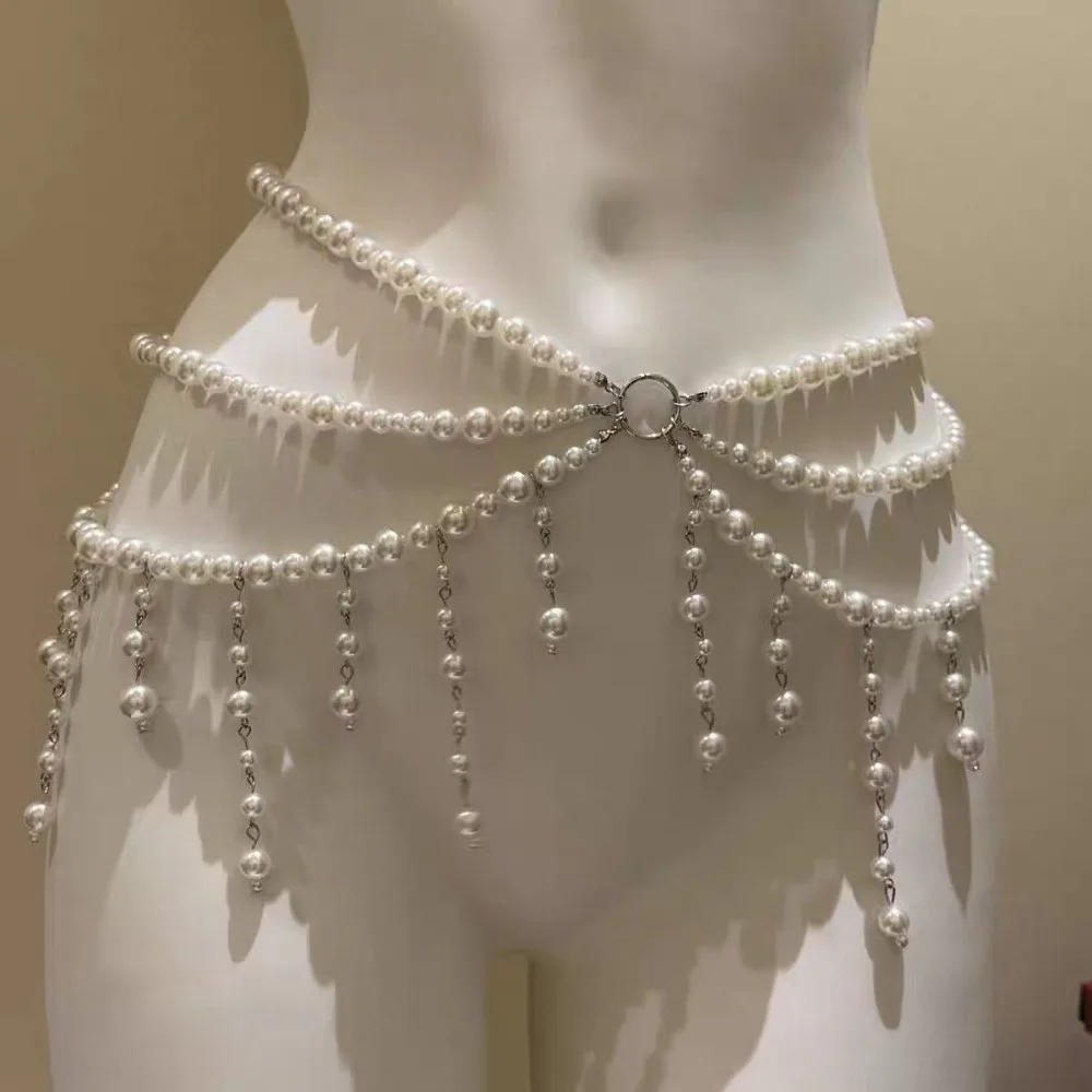 موضة متعدد الطبقات اللؤلؤ الخصر سلسلة شرابة أنيقة المرأة الجسم حزام على شكل سلسلة بوهو الخصر اكسسوارات مجوهرات للجسم الزفاف #3
