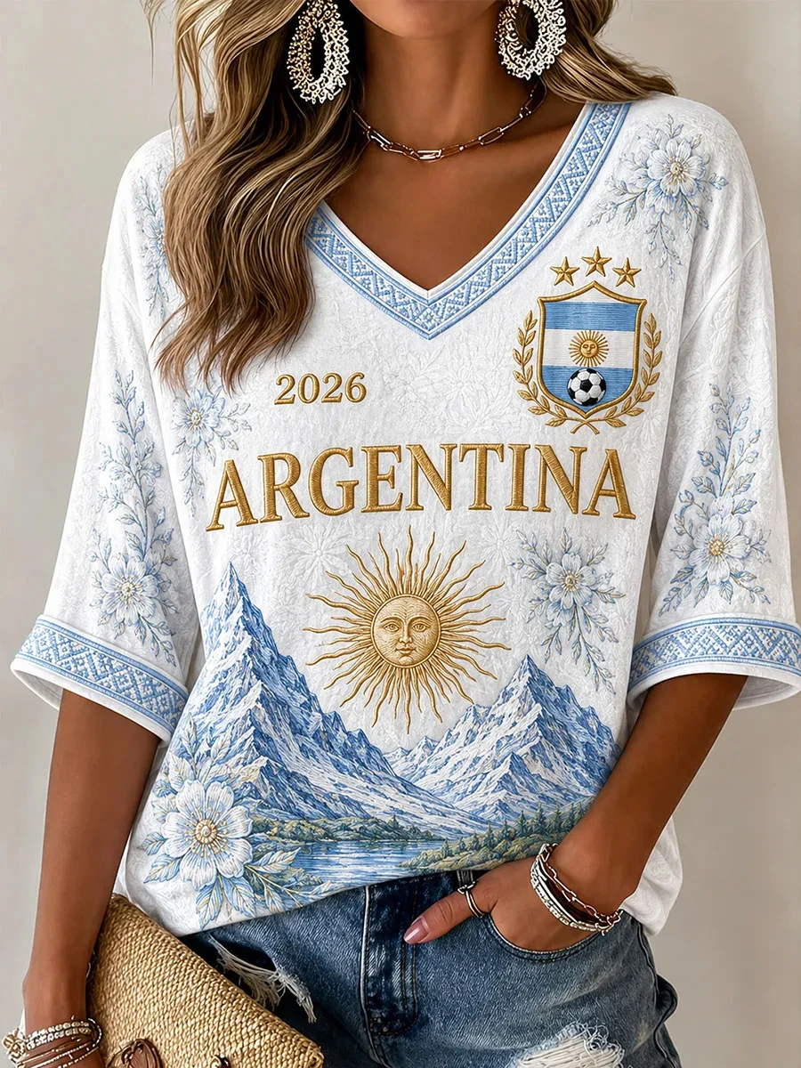 2026 New Women's Argentina 3D Printed Football Jersey Family Matching T-shirt Suitable for Daily and Training Wear Quick Drying