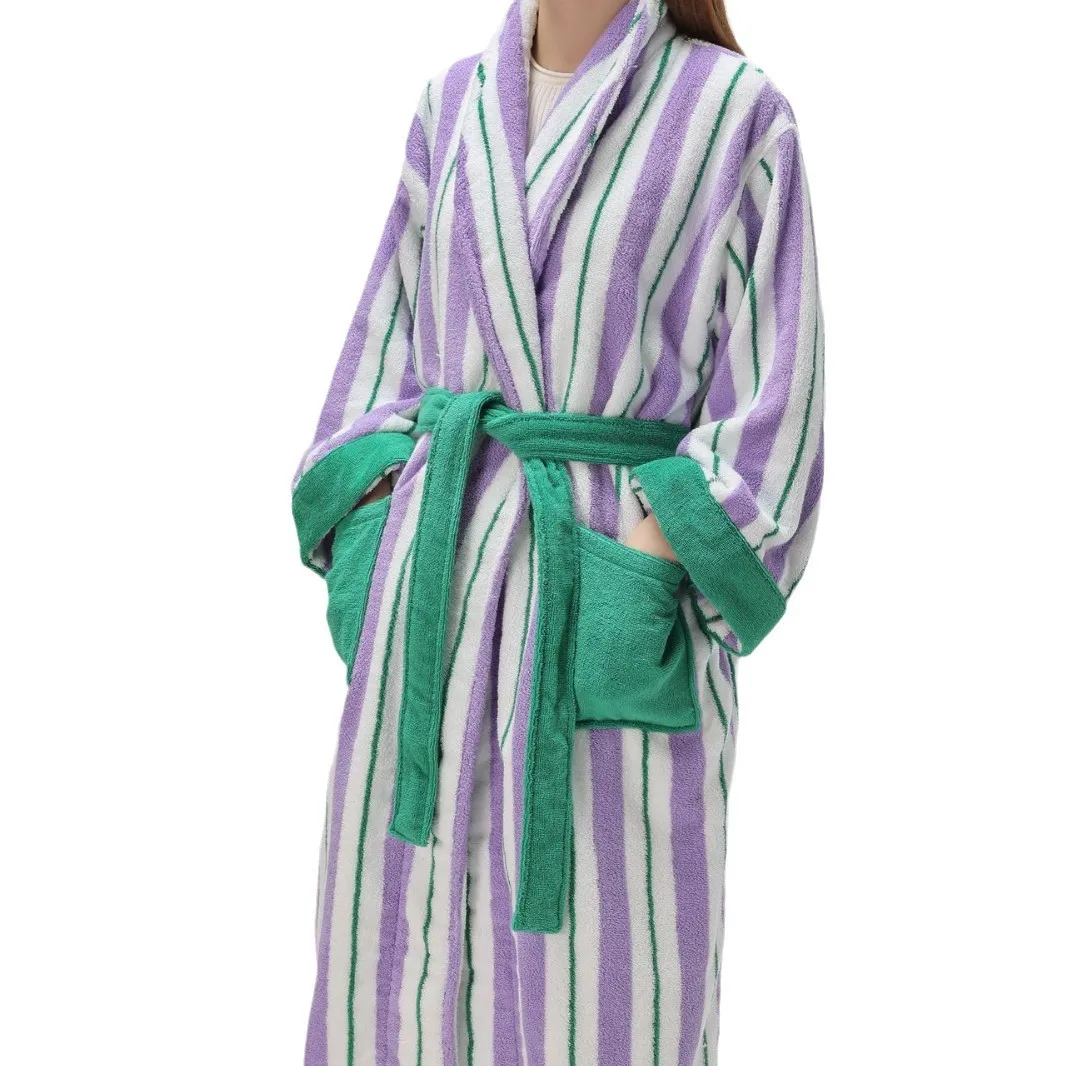 Ins Stripe Kimono Robe Sleepwear Female 100% Cotton Towel Long Bathrobe Night Dress New Couple Homewear Absorbent Hotel Robe