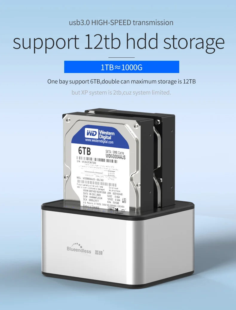 Imagem -06 - Blueendless-estação de Encaixe Sata Hdd 2-bay 3.5 Polegadas 2.5 Usb Dual Bay Hdd Clone Duplicador Dock Station Caixa de Armazenamento Sata