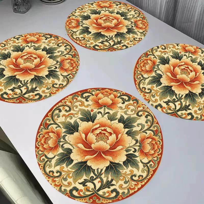 VIKAMA Mediterranean Blue-Green Flower Brick Mandala Circular Linen Placemat Insulation Wear-Resistant Table Mat Desktop Decor