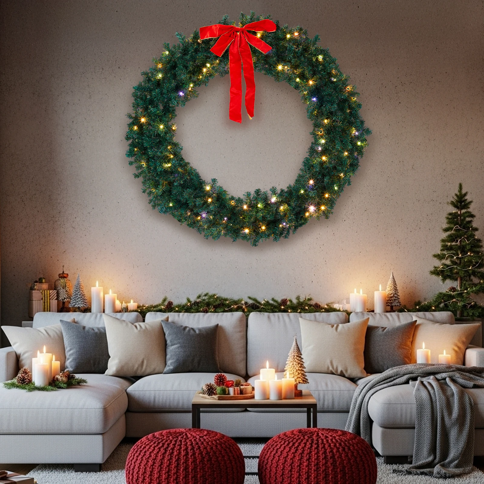 60in Pre-Lit Christmas Wreath with Red Bow, 220 LED Warm & Multi-Color Lights, 600 PVC Branch Tips, Remote Control Stepless Dimming, Artificial Xmas Wreath for Front Door Wall Holiday Decor