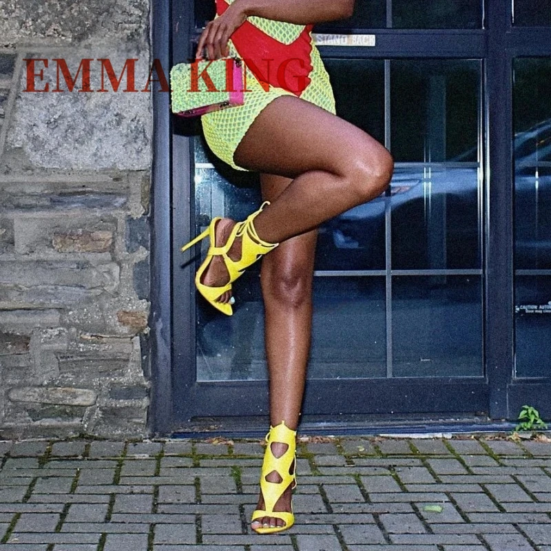 

Женские пикантные босоножки на каблуке с ремешками, желтые кожаные туфли-лодочки на высоком каблуке 10/12 см, женские вечерние модельные туфли с острым носком и открытым носком