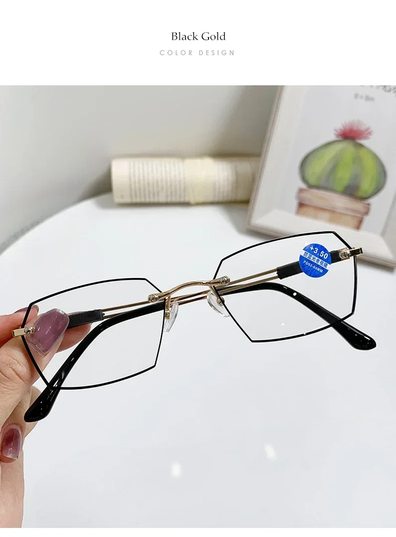 Randlose Lesebrille für Damen, Anti-Blaulicht-Schnittkante, mittleres Alter und ältere Menschen, modische Brillen für Herren – Detail 10