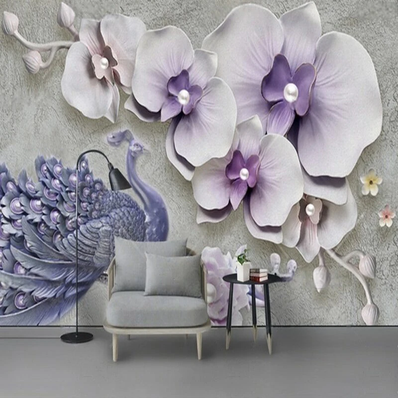 

Customized 3D Floral Peacock Wall Mural Modern Textured Wallpaper TV Background for Living Room and Bedroom Home Interior Design