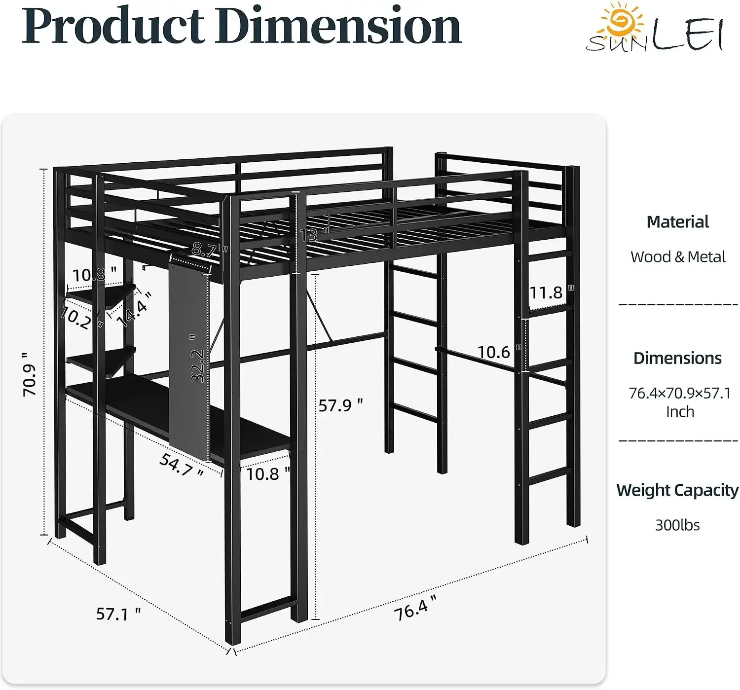 SUNLEI Loft Bed with Desk, Metal Loft Bed with 2 Built-in Ladders, Noise Free for Small Bedroom, Space-Saving Bed Frame (Black,