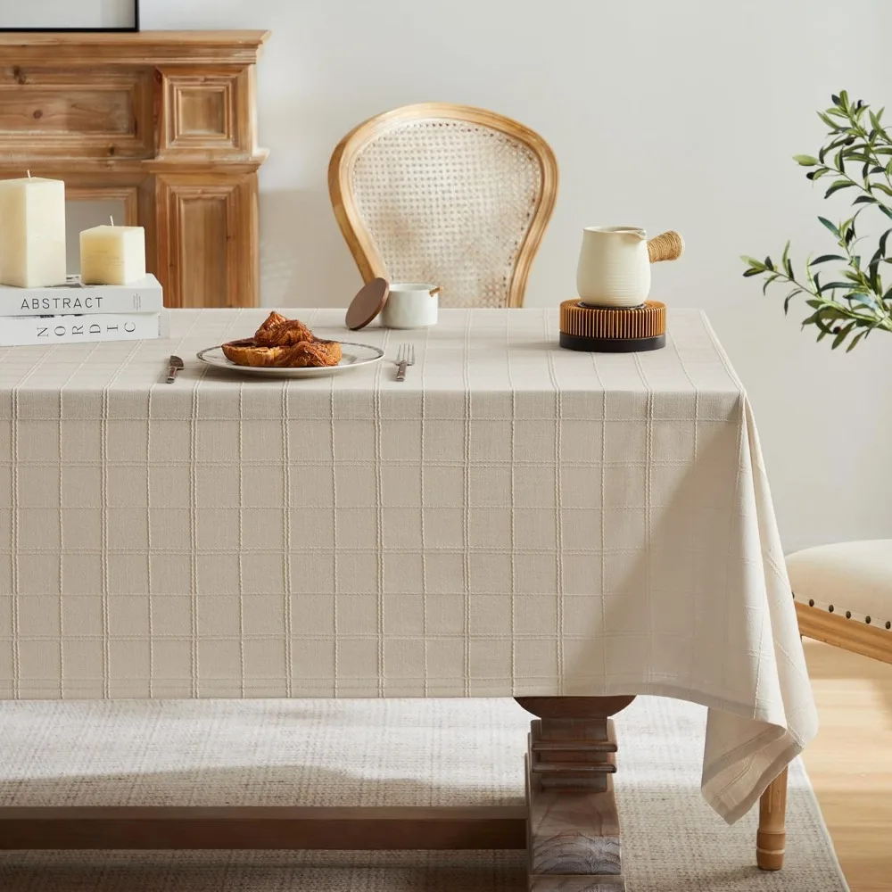 

Льняная скатерть в клетку фермерского дома с водонепроницаемой функцией для прямоугольных столов нейтрального тона
