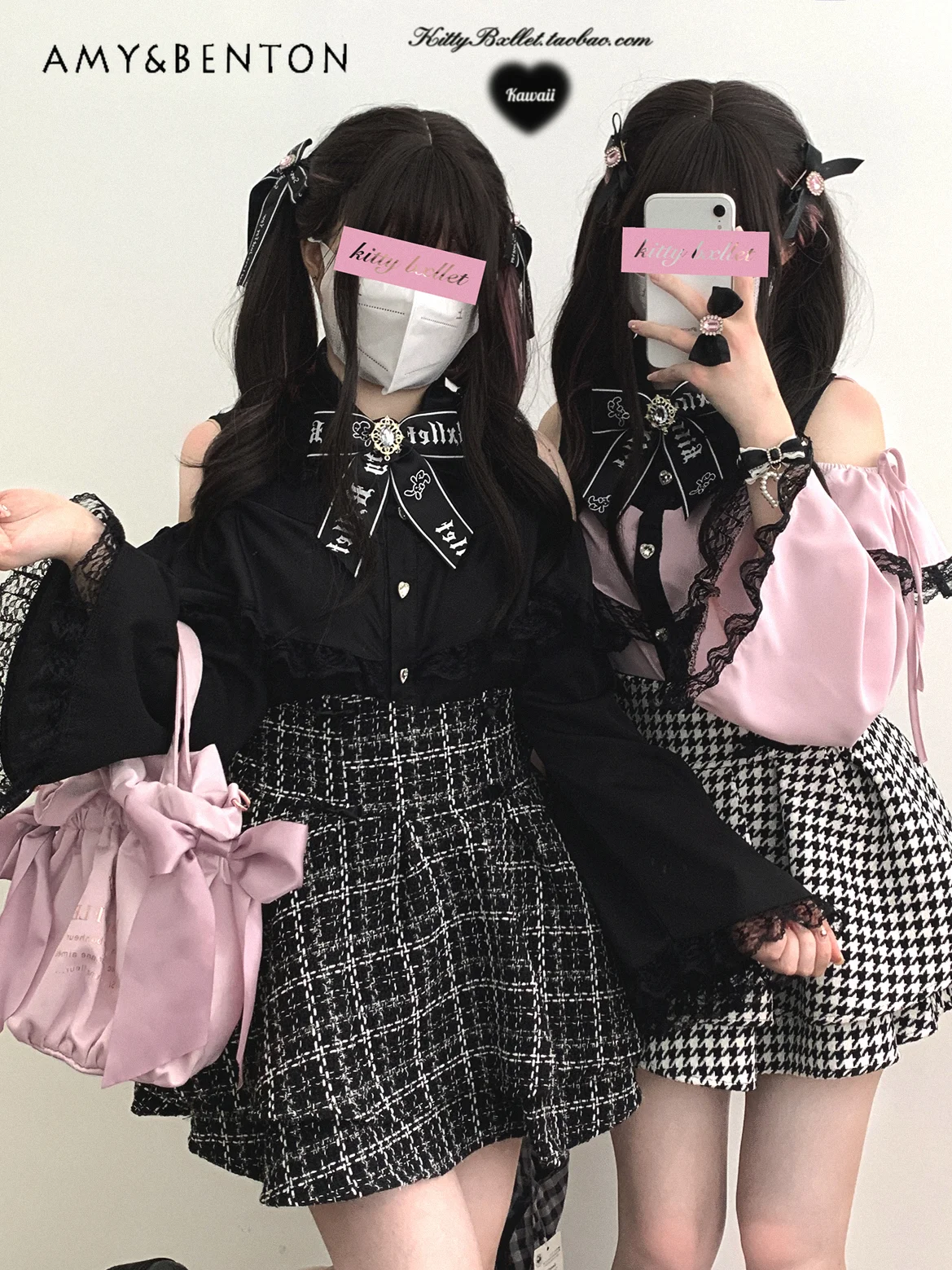 

Japanese Cute Love Rhinestone Ribbon Long-sleeved Shirt Women Lace Splicing Off Shoulder Mine Series Mass-produced Lolita Shirt