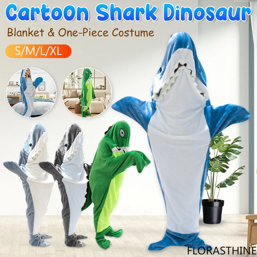 Shark Blanket Adult Cartoon Sleeping Bag Shark Onesie Sleeping Pajama Bag Hooded Warm Flannel Funny Homewear Winter Warm Blanket