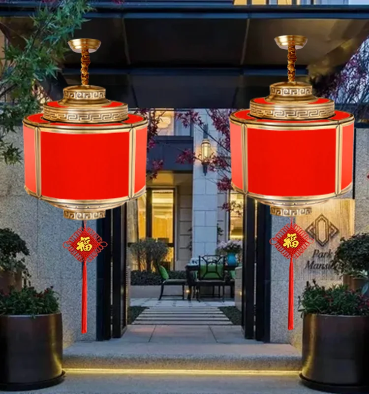 All Copper Villa Door Balcony Outdoor Chinese Style Housewarming Luminous Wedding Glass Decorative Waterproof Red Lantern