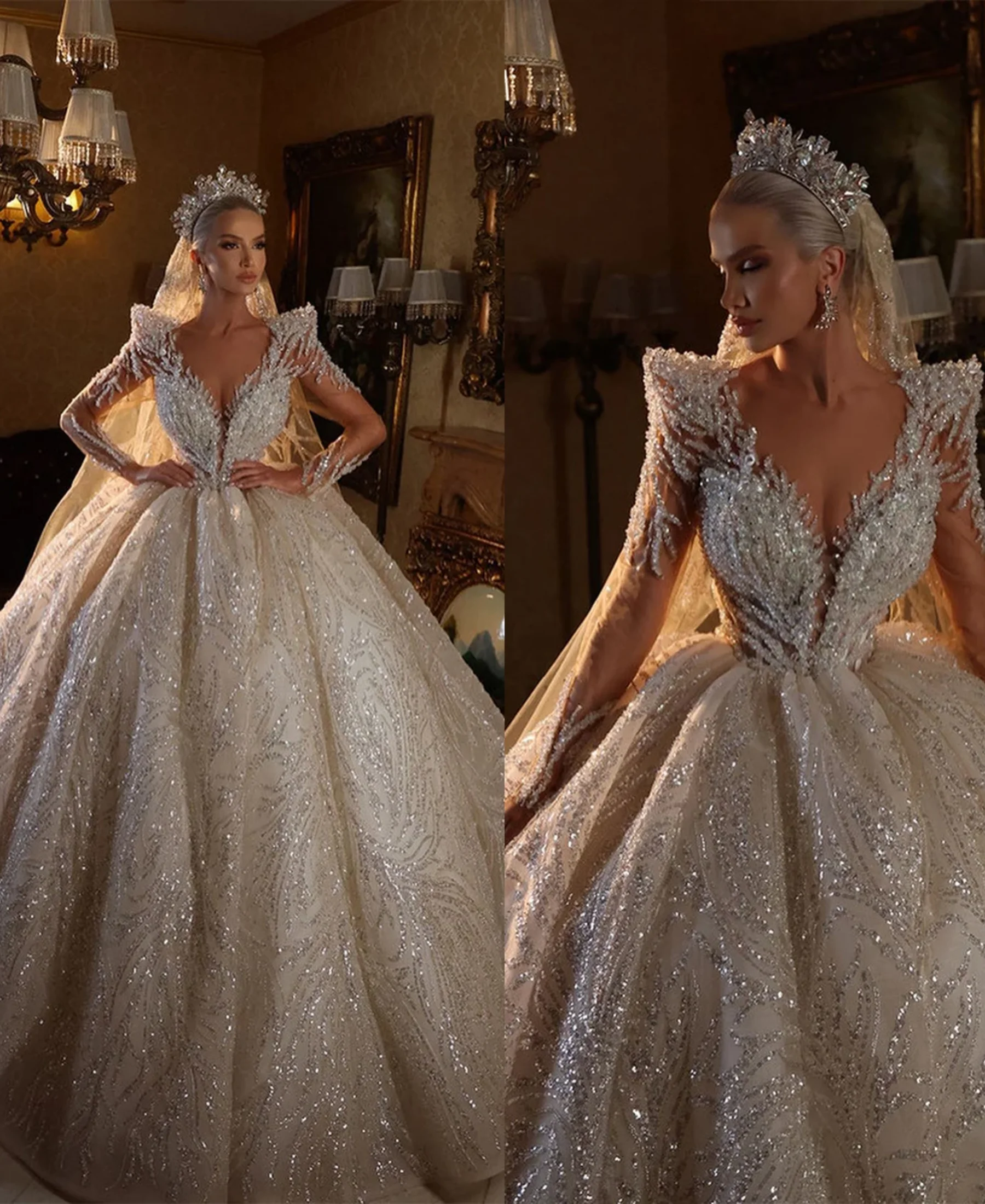 Full Beading V-neckline Wedding Dress  Art Deco-inspired V-Neck Shining Sequins Long Sleeves Court Gown Customized Robe De Marié