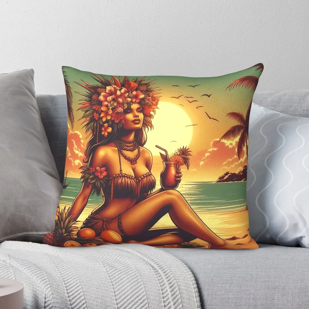 Tropics Sunset Fruit Cocktail Square Pillowcase Polyester Linen Velvet Pattern Zip Decor Pillow Case Room Cushion Cover 45x45