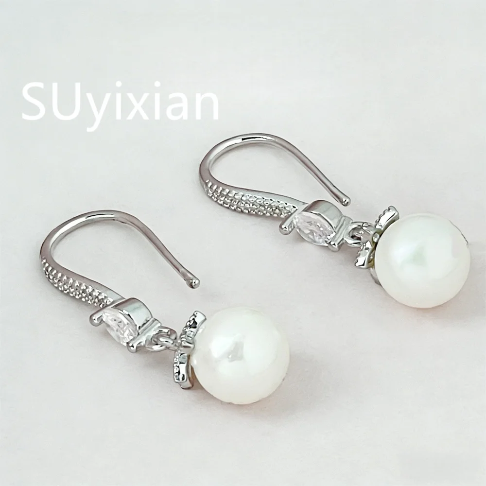 

925 Sterling Silver Simple Fashion 8mm Petal Pearl Earrings Round Bead Ear Hooks Birthday Party Anniversary Gift