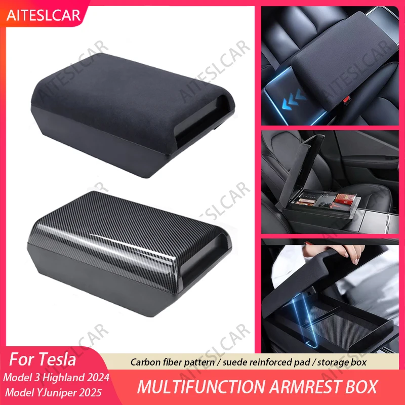 

Suede Armrest Box Raised Storage Box For Tesla Model Y Juniper 2025 Model Y/3 2021 Privacy Storage Space Elbow Support Long Trip