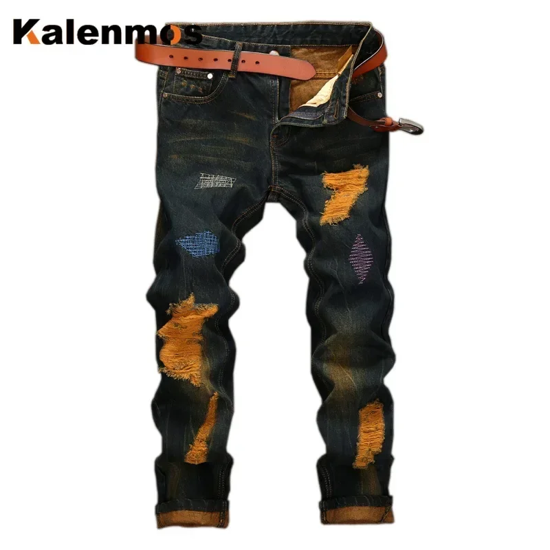 

Skinny Vintage Hole Men Jeans Ankle Length Pants Pencil Pants Mid Waist Distressed Punk Style Hip Hop Denim Pockets 2024