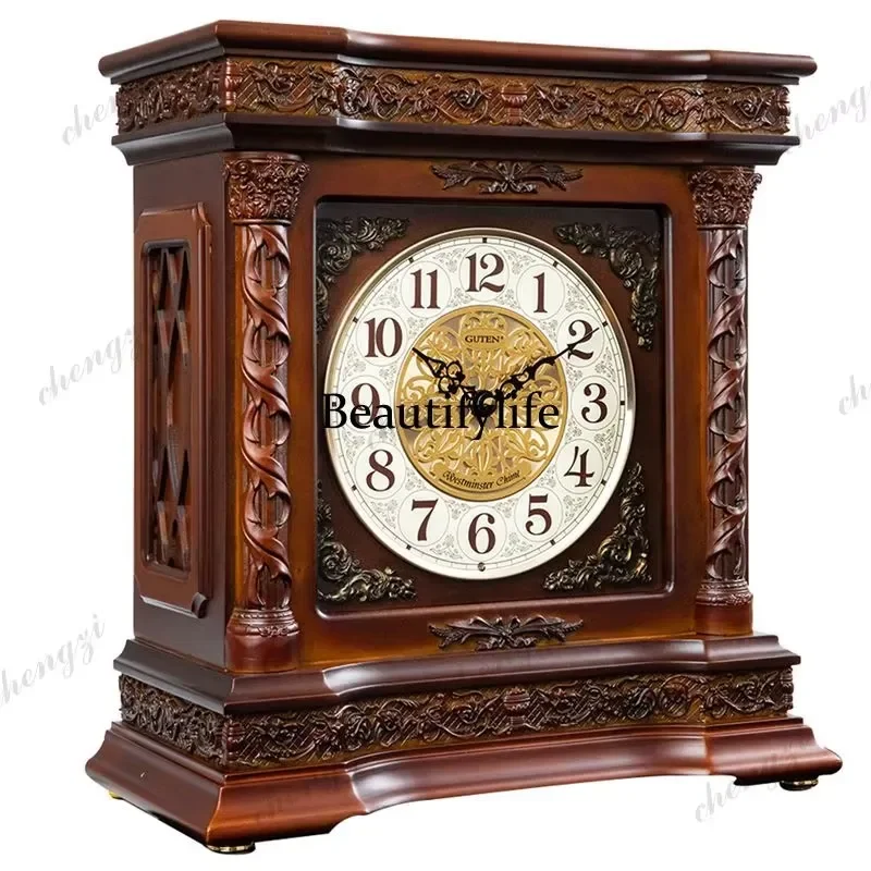 for Solid Wood Clock Living Room European Silent Desk Clock Chinese Three Dimensional Relief Quartz Clock