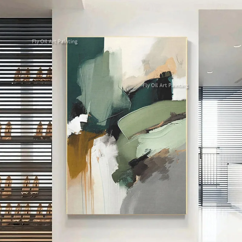 Modern Green Abstract Oil Painting Earthy Brush Texture Canvas Wall Art Handmade Contemporary Artwork