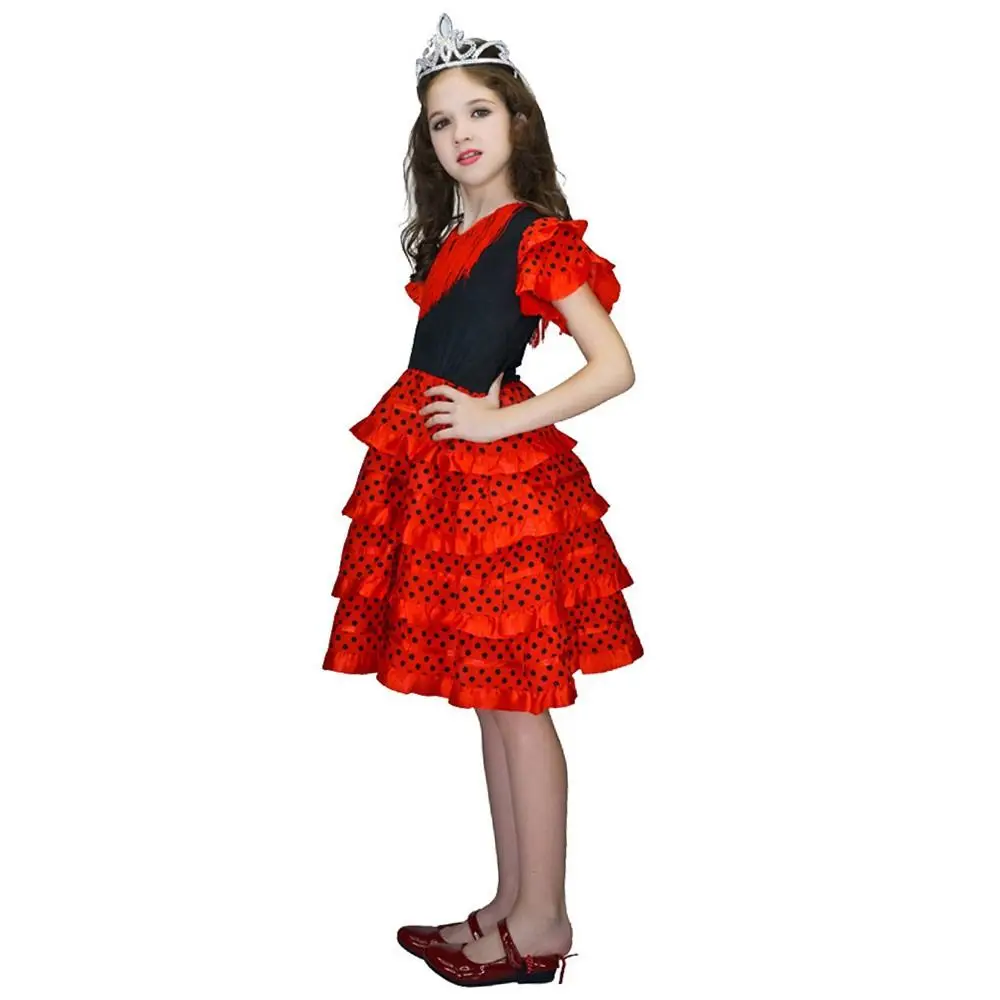 ชุดเดรสเต้นรำสเปนแบบมีพู่ห้อย ดีไซน์ลายจุด คลาสสิกสไตล์ยิปซี แขนสั้น ชุดเดรสแบบดั้งเดิมสำหรับงานเทศกาล ชุดคอสเพลย์