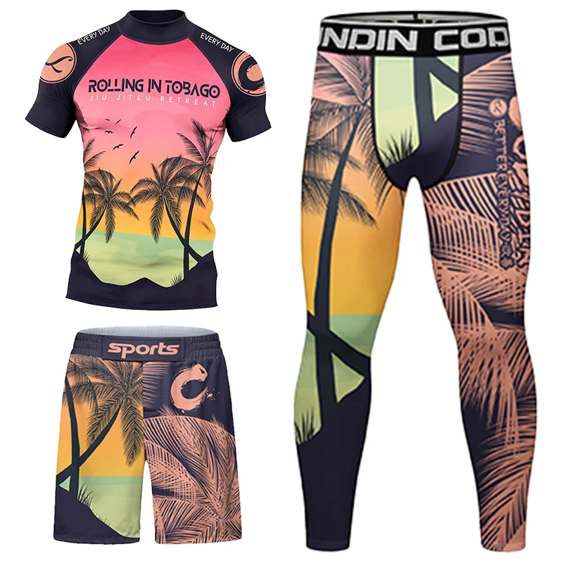 Beach Leaves Design MMA Rash Guard Boxing No Gi Jiu Jistu T-Shirt+Shorts 4pcs/Sets Rashguard Men BJJ Muay Thai Tight Sportsuits