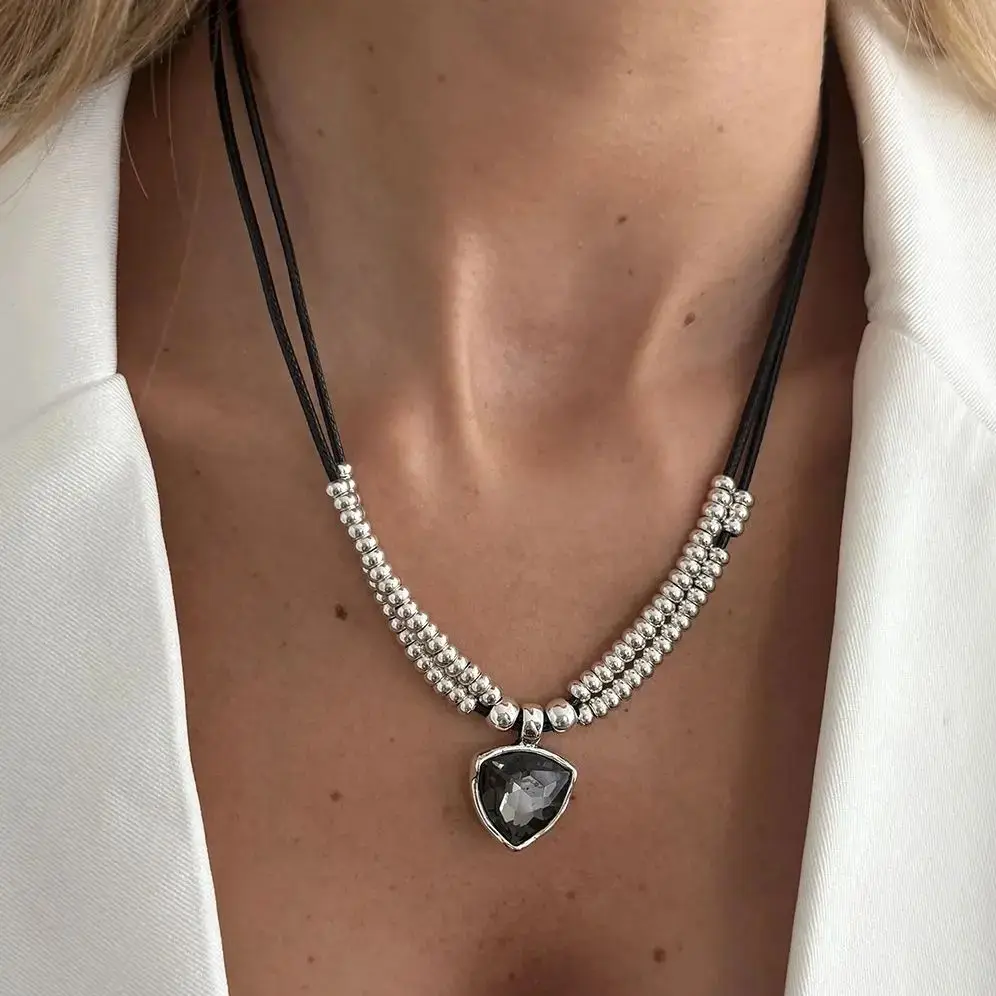 SHIXIN Trendy Shiny Acrylic Rhinestone Heart Pendant Necklace Women Retro Stacked Leather Rope Chain Beads Choker Necklace Gift