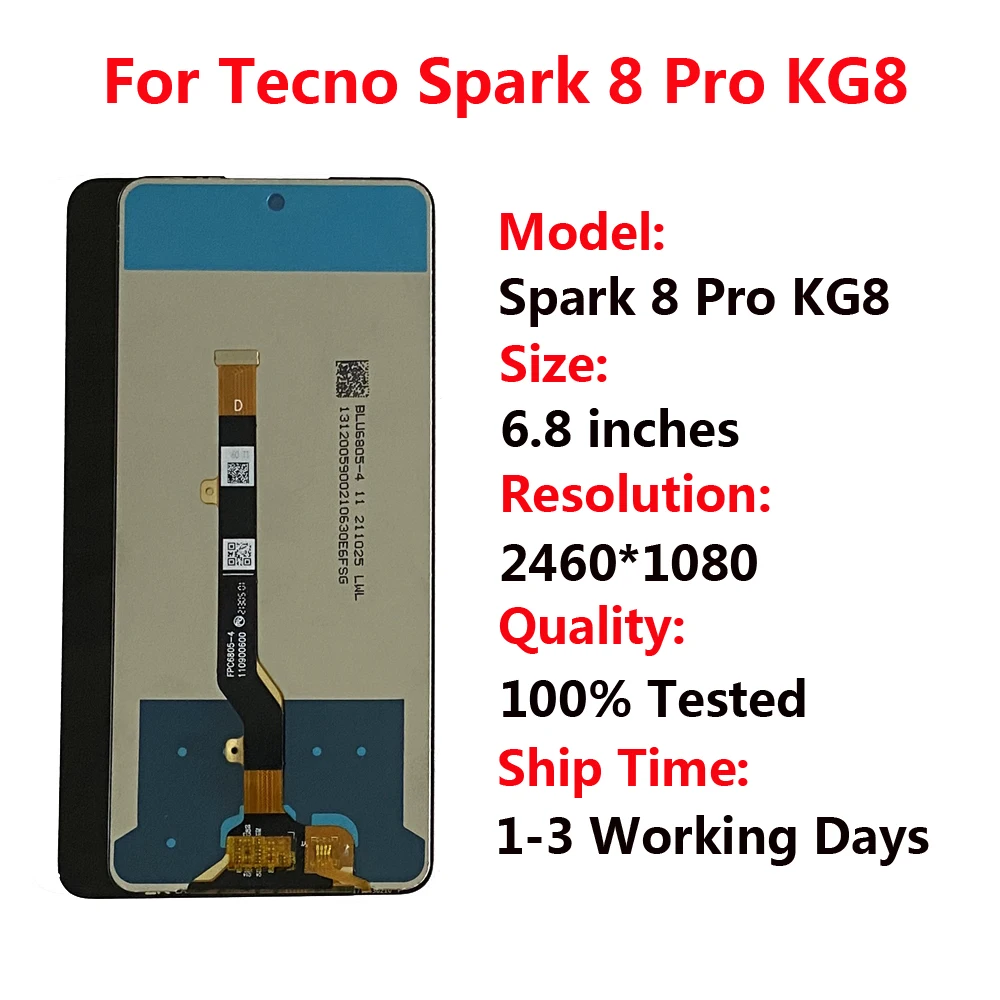 For Tecno Spark 8 KG6 LCD Display Touch Screen Digitizer Tecno Spark 8C KG5k LCD For Tecno KG7 Spark 8P 8T Spark 8 Pro KG8 LCD