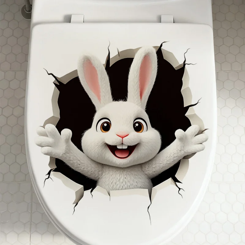 2D Flat 1-Piece Fun Animal-Themed Easter Wall Sticker for Toilet, Cute Rabbit Hole Design, Pvc Wall Decoration for Home Decor, Suitable for Glass, Tiles, Bathrooms, Restaurants, Trendy Stores, Cafes, and Wall Decals, Cute and Practical Stickers, Easy to Create a Cozy Space