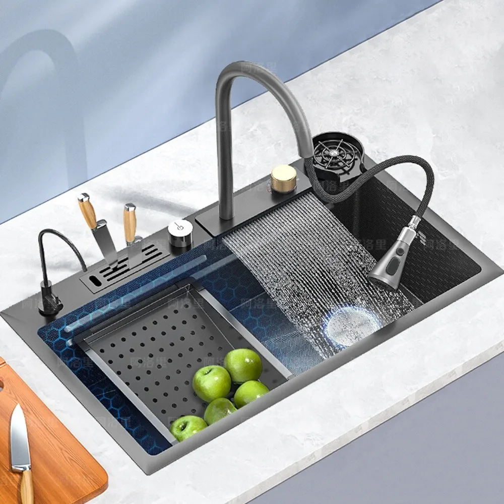 Kitchen Sinks Nano 304 Stainless Steel Flying Rain Waterfall Sink Large Single Sink Household Kitchen Scullery Handmade Bar 싱크대