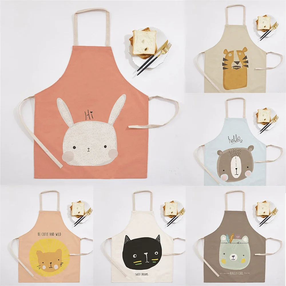 Cartoon Rabbit Floral Kitchen Ladies Apron Home Cleaning Fun Painting Aprons Cat Animal Home Cooking Baking Adult Children Bib