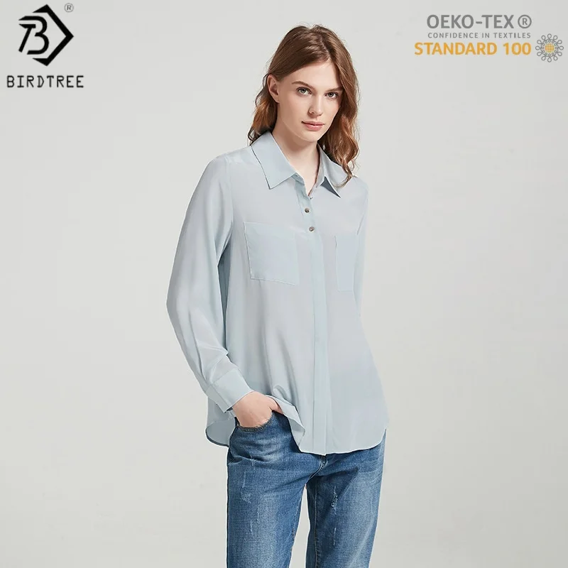 Birdtree, OEKO-TEX, 17.5MM 100% Real Silk Blouse, Women's Double Crepe Casual Shirt, Lapel Thin Solid Tops, 2026 New T61004JF