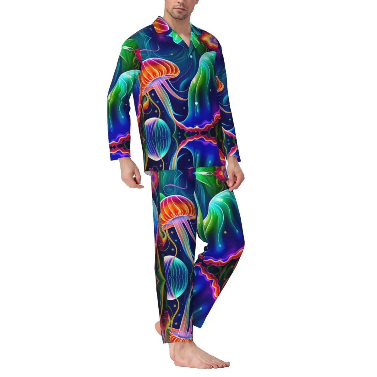 Men Pajamas Set of Autumn Winter Long-Sleeved Colorful Painting Jellyfish Home Clothing Sleepwear 2PCS/Set