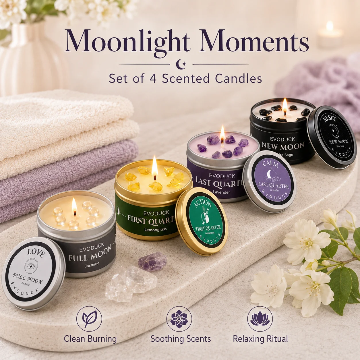Home Fragrance White Jasmine - 4PCS Moon Phase Crystal Scented Candle