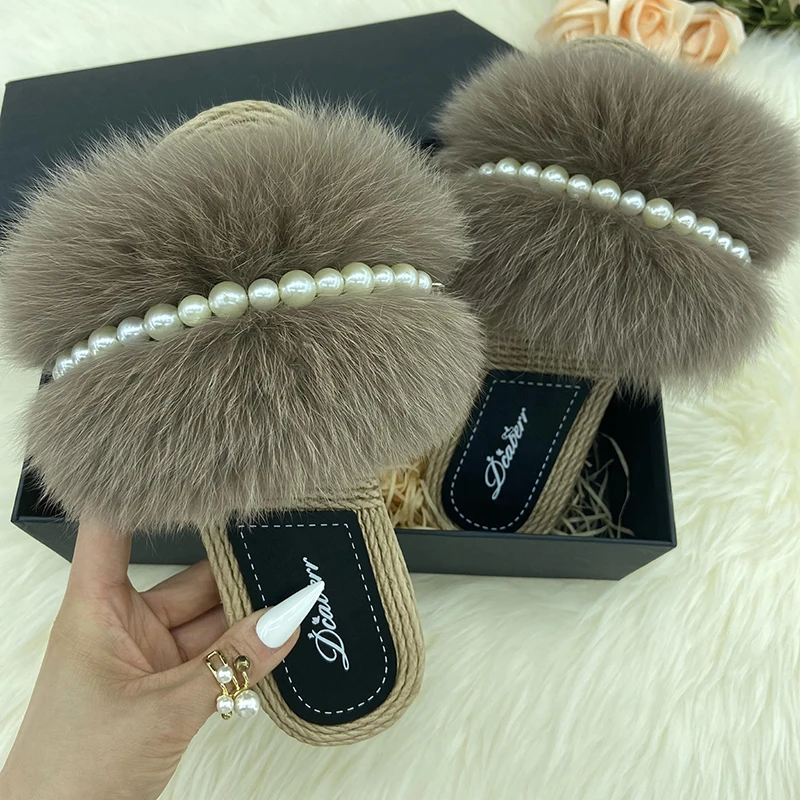 100% Natural Fox Fur Slippers Woman Summer Faux Espadrilles Pearl Chain Fluffy Slides Flip Flops 2022 Flats Women Shoes Sandals