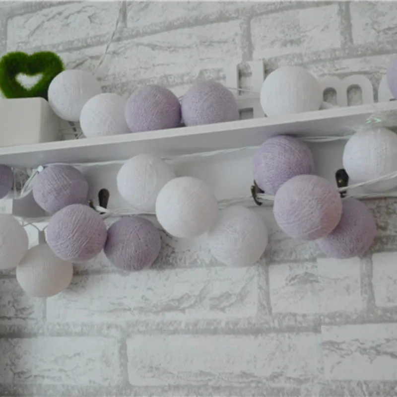 Handmade algodão bola cordas luzes, novo, lavanda e branco, cores misturadas, fada, casamento, natal, pátio deco