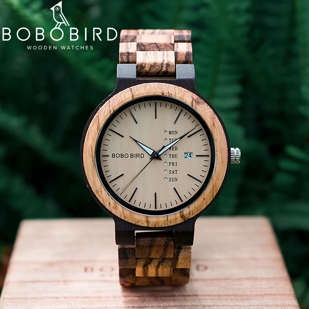 BOBO BIRD Houten herenhorloge Mode Zakelijke week en datumweergave Quartz uurwerk Logo aanpassen Geweldig cadeau relogio masculino