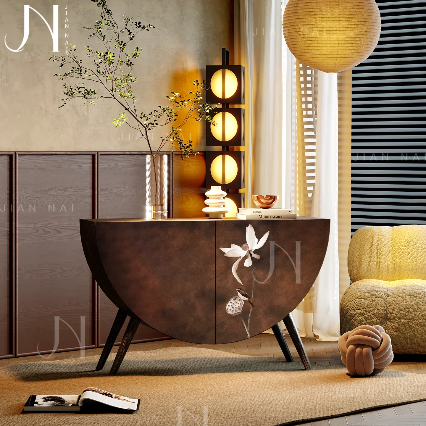 TAO French retro solid wood semi-round cabinet, ancient brown lotus heart wardrobe, living room against the wall, bedroom storag
