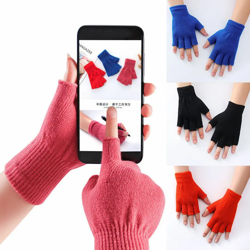 Guantes sin dedos para hombre y mujer, manoplas de medio Dedo de Color sólido, cálidos, suaves, cortos, de punto grueso, 1 par