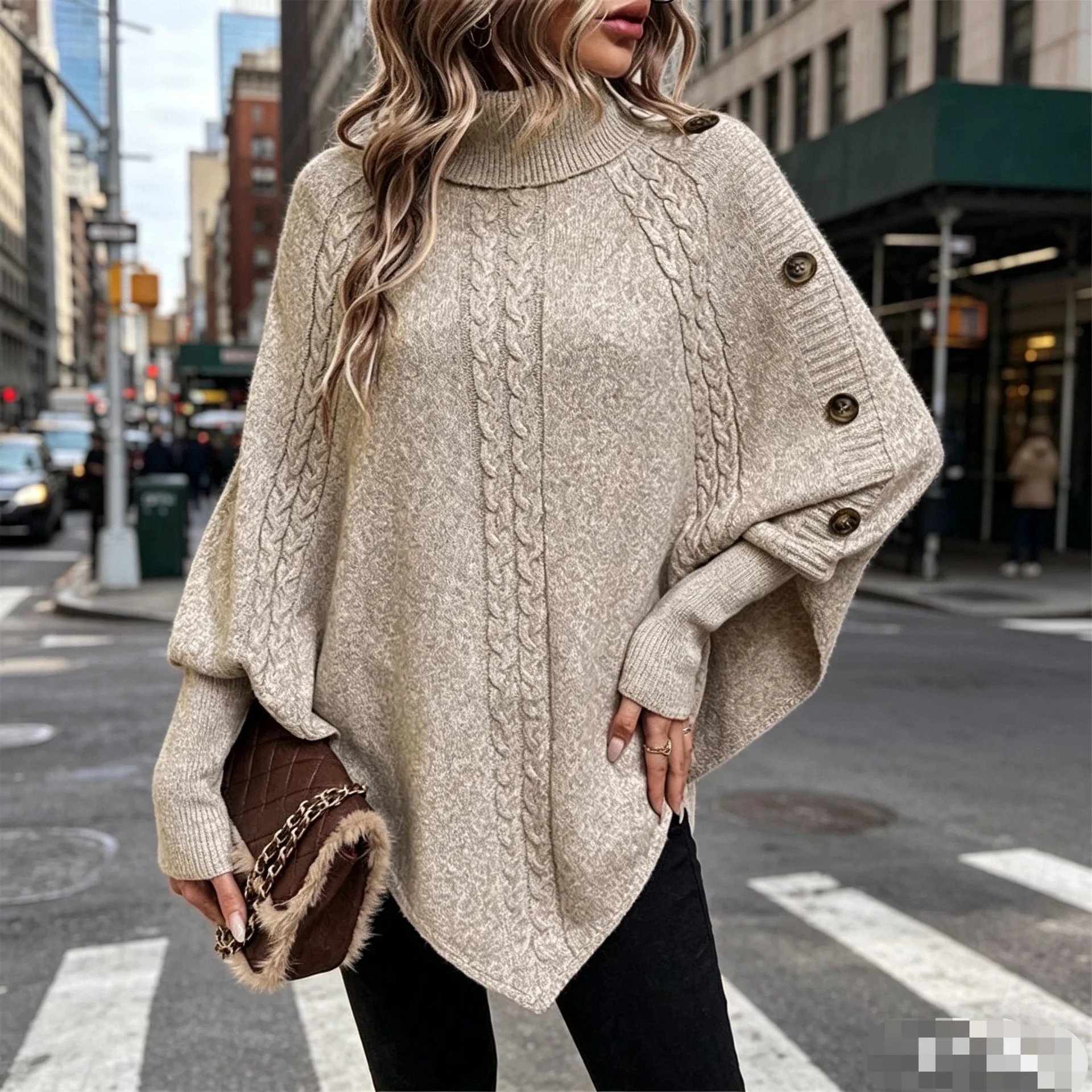 2026 New Women's Cable Knit Poncho Mock Neck Batwing Sleeve Button Loose Fit Pullover Sweater Tops