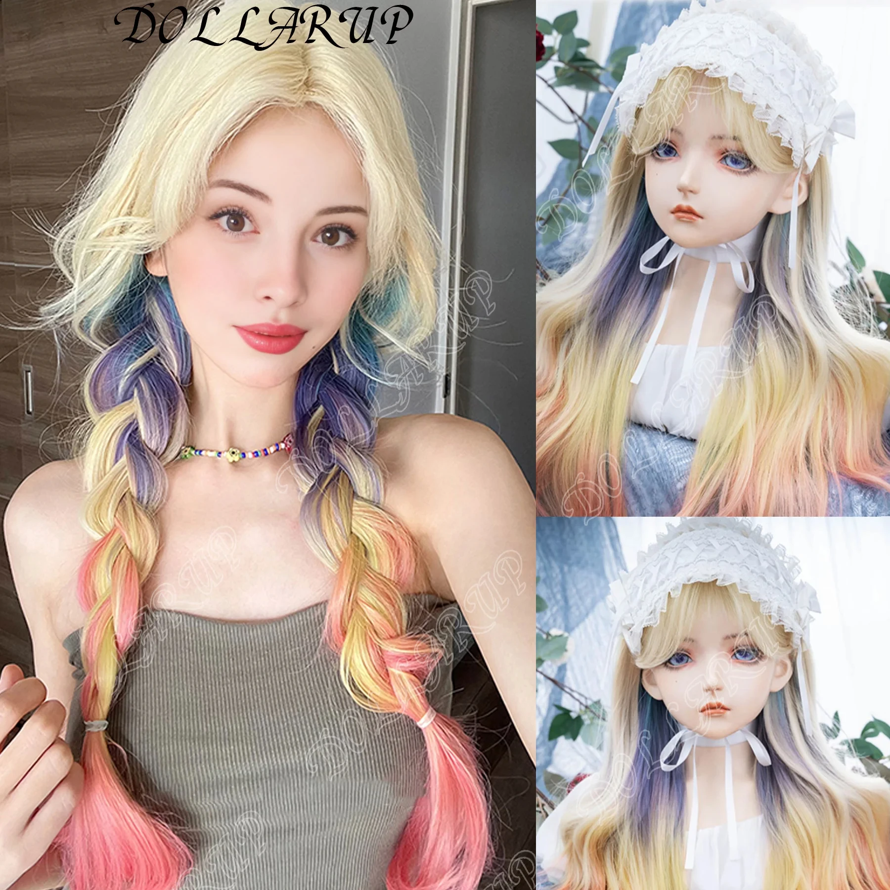 JKL Dopamine Girl Style Blonde Mix Multicolour Synthetic Wigs Middle Part Long Wavy Hair Wig For Women Cosplay Heat Resistant