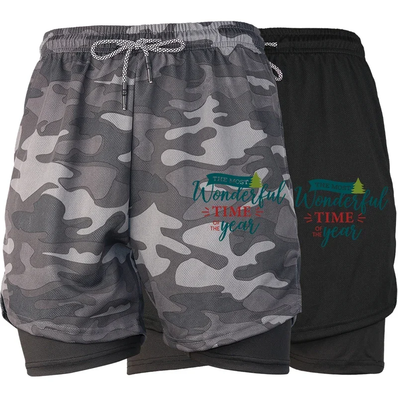 

Летние мужские спортивные шорты для бега в тренажерном зале 2 в 1, шорты с принтом и карманом для телефона, быстросохнущие, дышащие