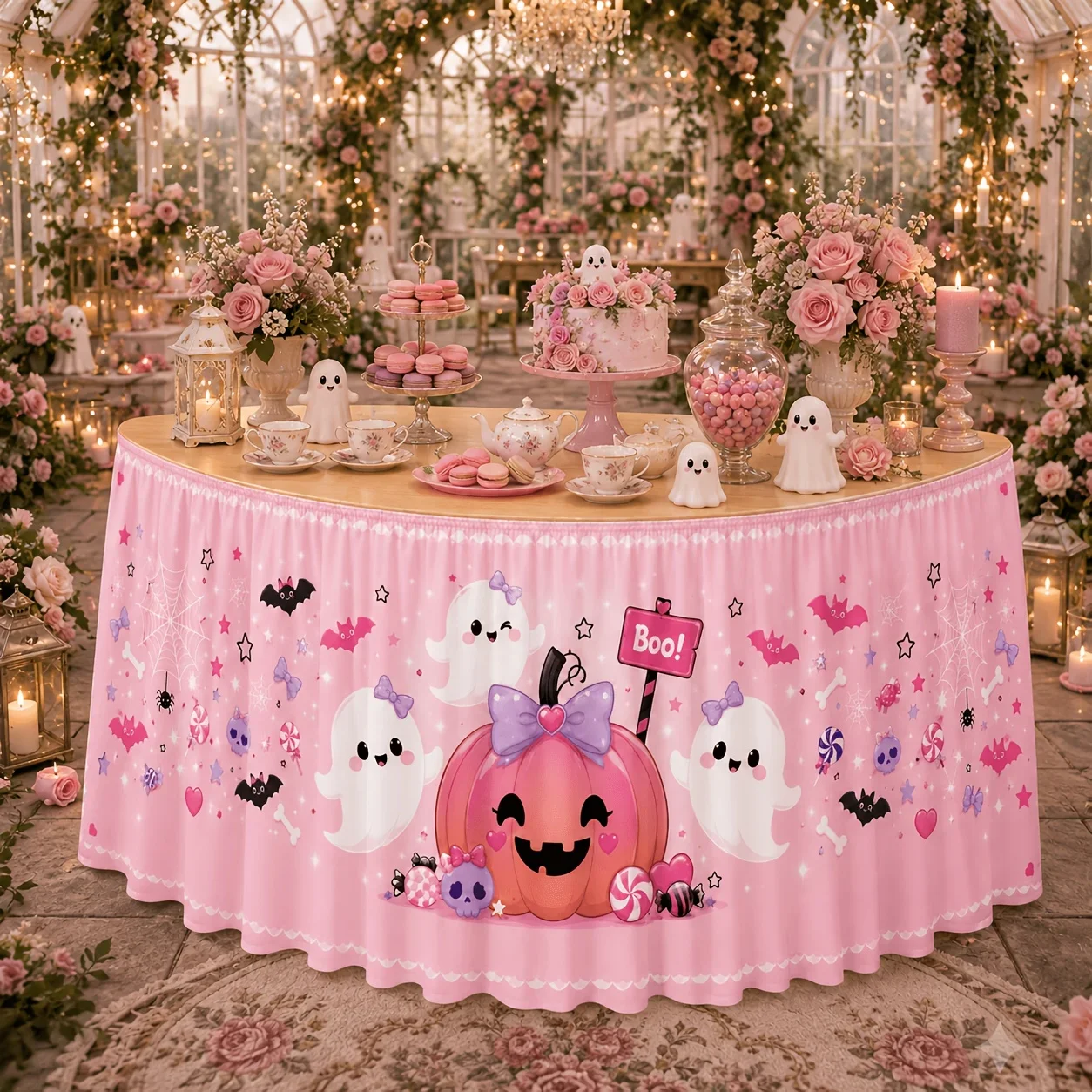 One tablecloth or table skirt, light pink, Boo Halloween style, pink pumpkin, purple bow tie.