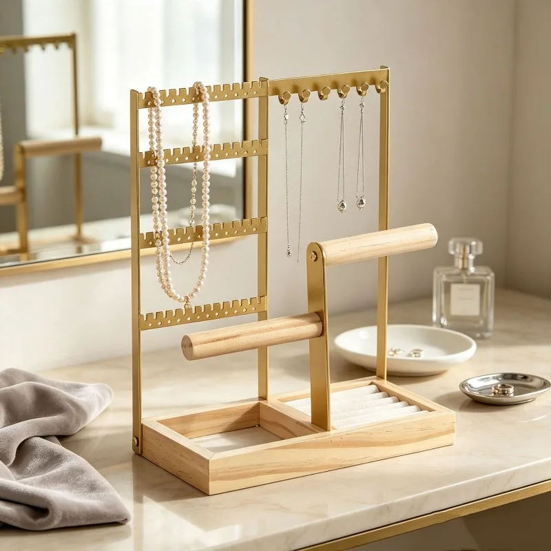 Detachable Wood Metal Jewelry Display Stand,Double Rod Bracelet Holder Earrings Necklaces Rings Desktop Organizer Storage Rack