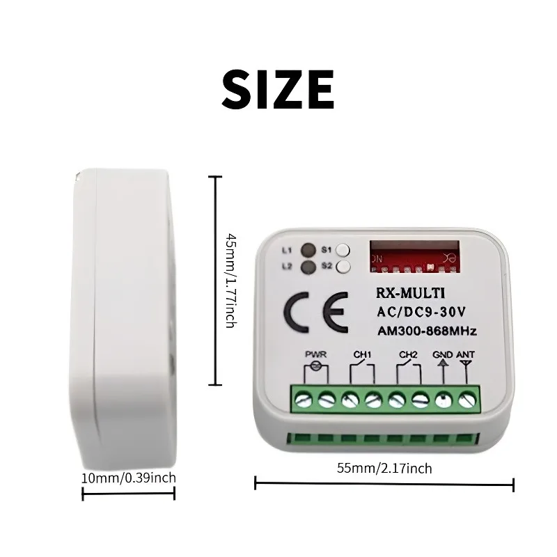 RX-MULTI Receiver Controller AC/DC 9V-30V 2CH 300MHz to 868MHz 433MHz Garage Door Opener / Gate Remote Control Receiver Switch