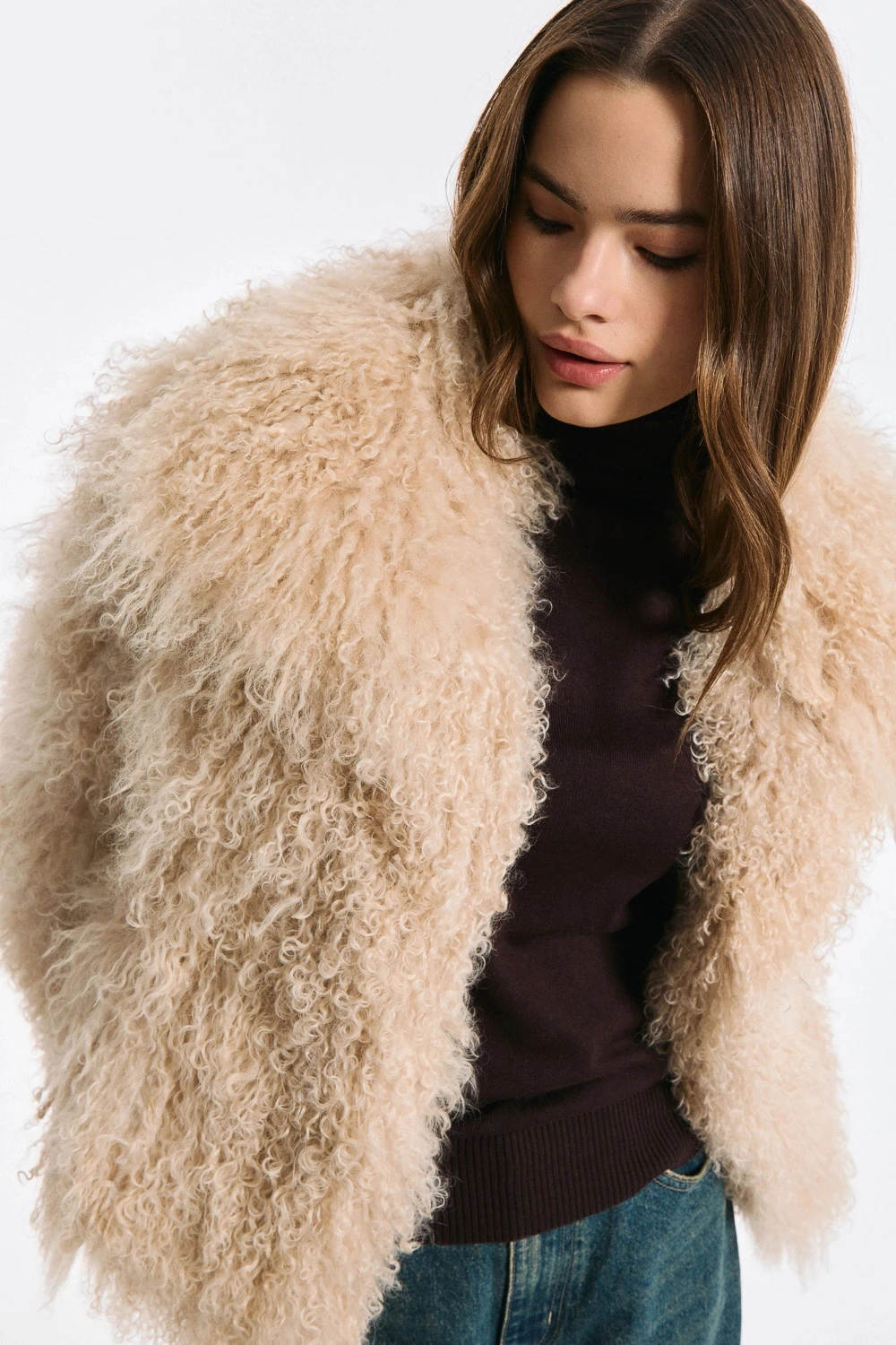 IG 2026 Women V Neck Curly Faux Sheep Fur Jacket Oversized Loose Long Sleeve Soft Warm Winter Daily Trendy Street Outer Coat