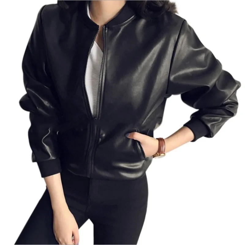 Women\'s PU Leather Jacket Zipper Moto Biker Coat Slim Fitting Solid Color Long Sleeve Casual Street Wear Zipper Black Top Autumn