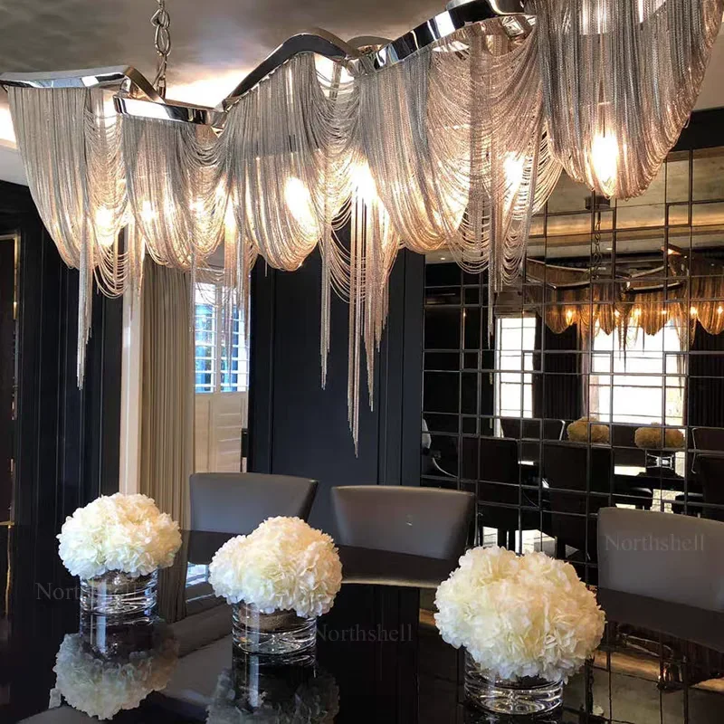 

Postmodern Luxury Tassel Aluminum Chain Pendant Light for Living Room Restaurant Villa Hotel Hall Art Decoration Led Chandeliers
