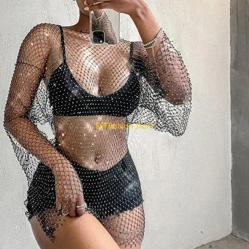 Y5GC Women Sexy See Through Mesh Long Sleeve Mini Dress Glitter for Rhinestone Bodycon Beach Swimsuit Cover