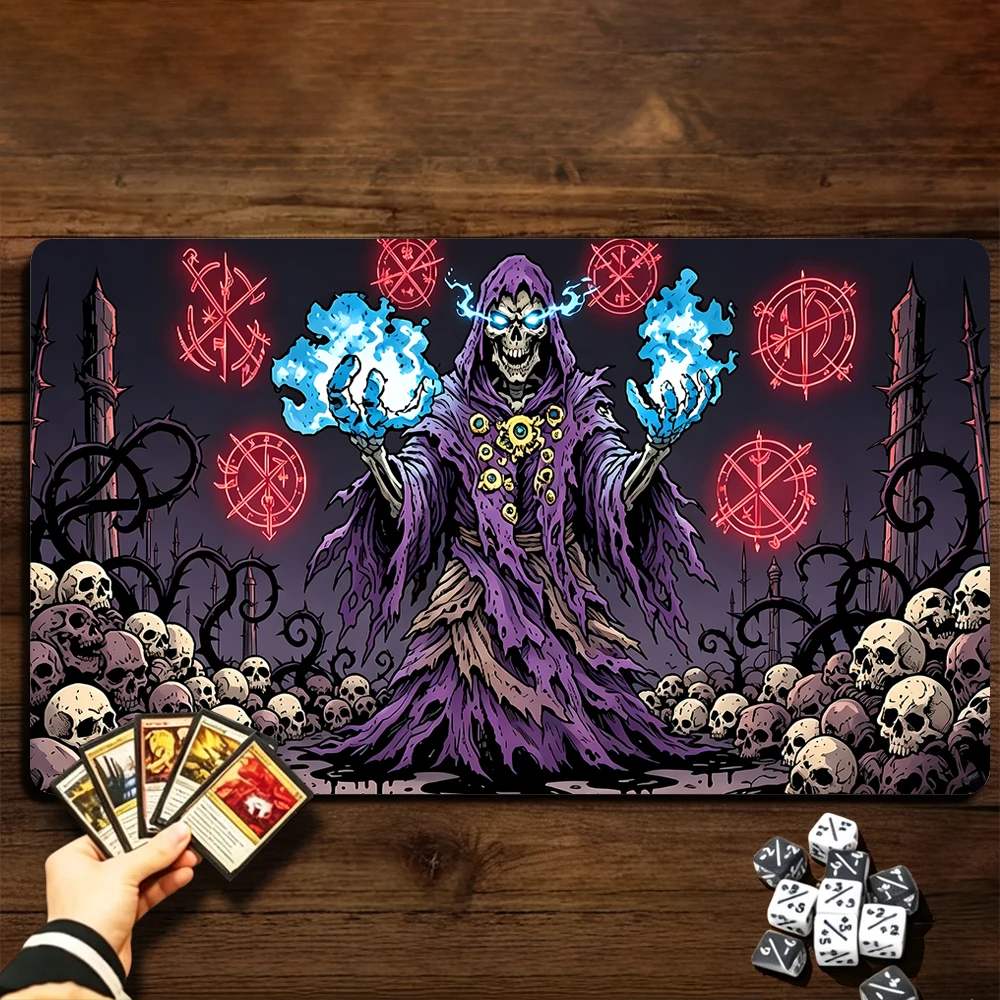 Runic Skeleton Mage TCG Playmat Magic Playmat Gathering Gaming Mat with Stitched Edge Anti-slip base 60X35cm Trading Card Game