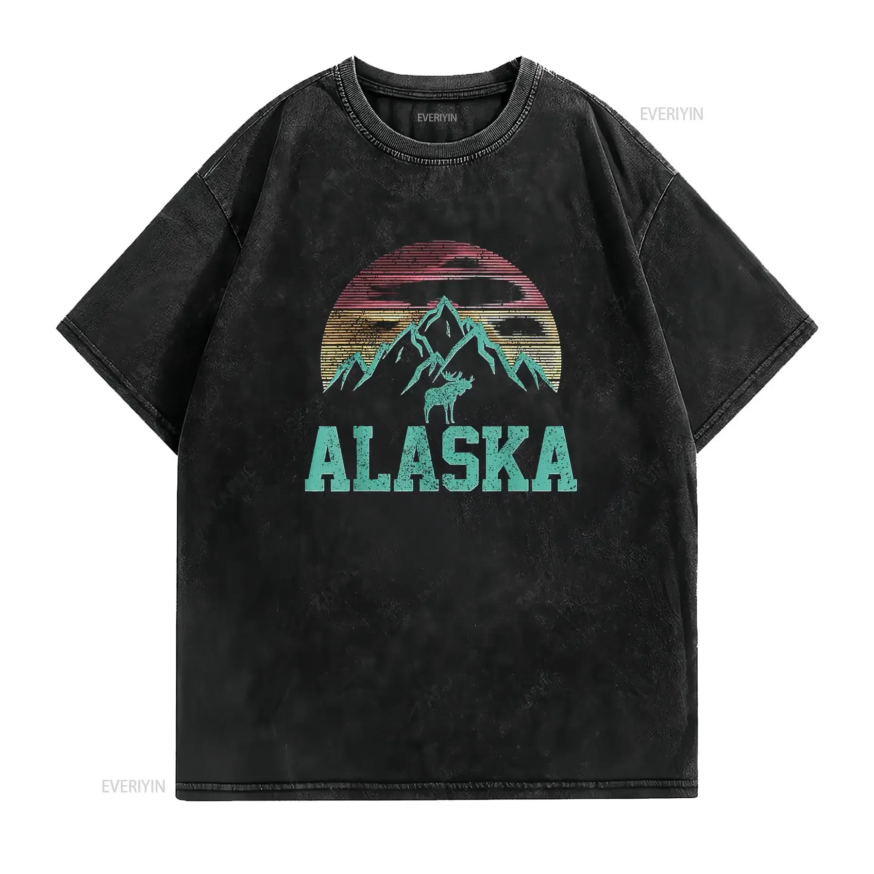 Womens Alaska Vintage Moose Outdoor Nature Hiking Souvenir T Shirt Black vintage Washed Stylish Stretched Casual Versatile