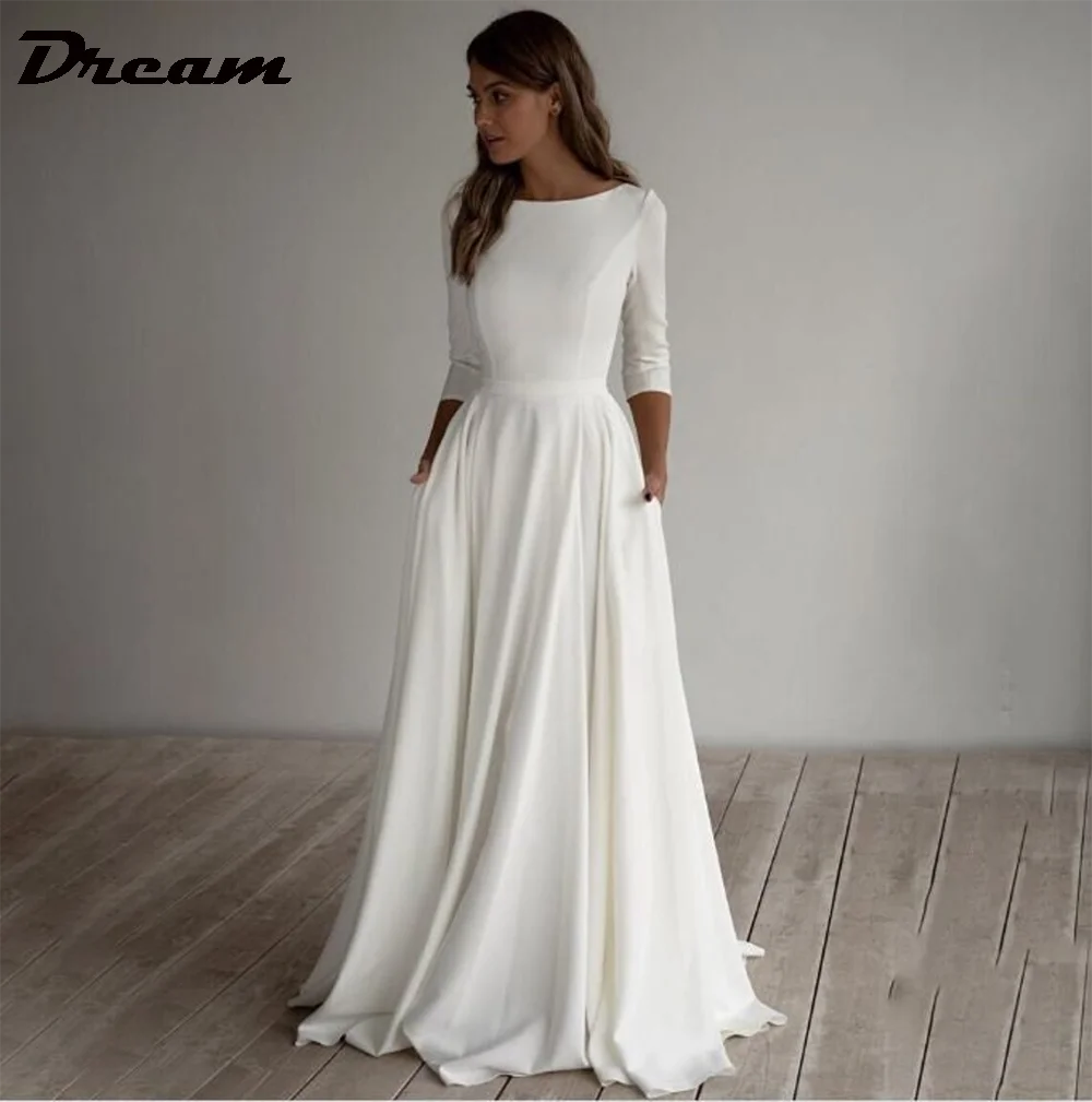 DREAM Abito da sposa semplice personalizzato per donna Maniche lunghe a 3/4 Una linea Crepe Scollo a barca con tasche Abiti da sposa eleganti 2025