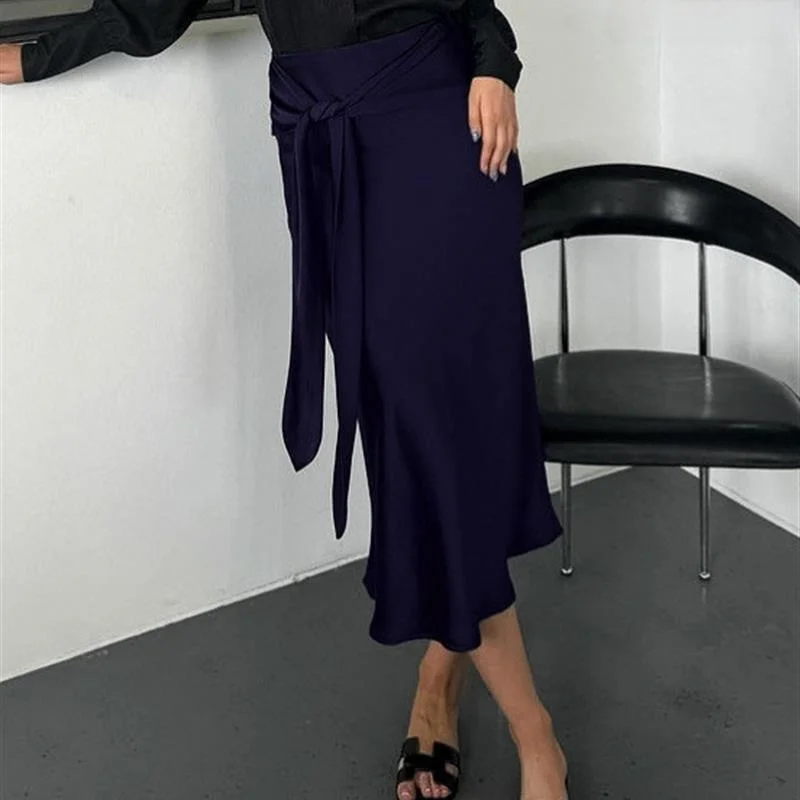 

Юбка миди из смесового шелка с высокой талией для женщин, цвета королевского синего, с поясом, повседневная, в европейском стиле